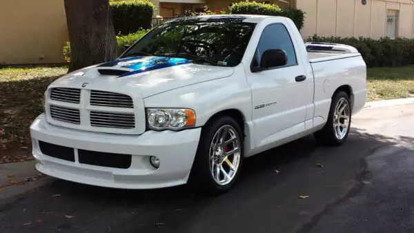 A white truck parked on the side of a road.