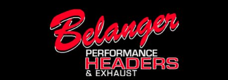 A black and red logo for belanger performance headers.