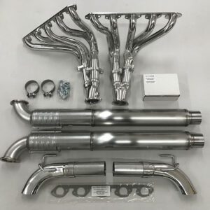 A set of exhaust pipes and headers for a car.