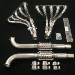 A set of exhaust pipes and manifolds for a car.