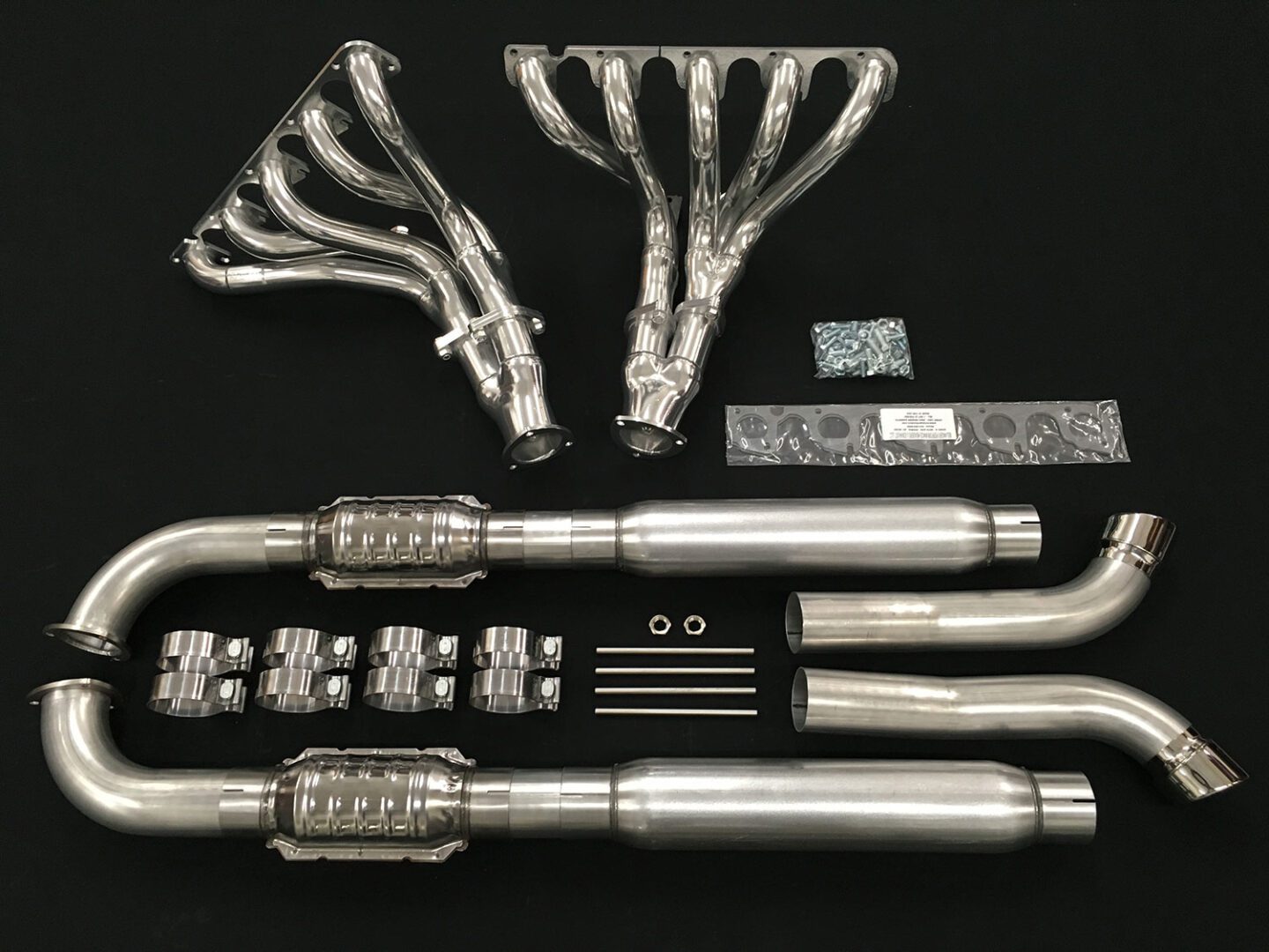 A set of exhaust pipes and other parts.