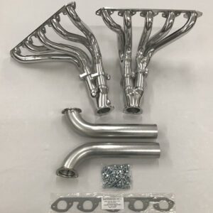 A set of exhaust pipes and hardware for a car.