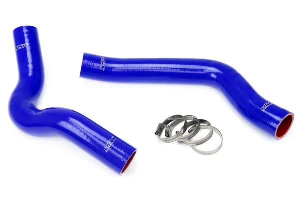 A pair of blue hoses and a hose clamp.