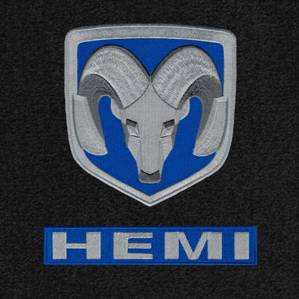 A blue and white ram logo on the side of a black background.