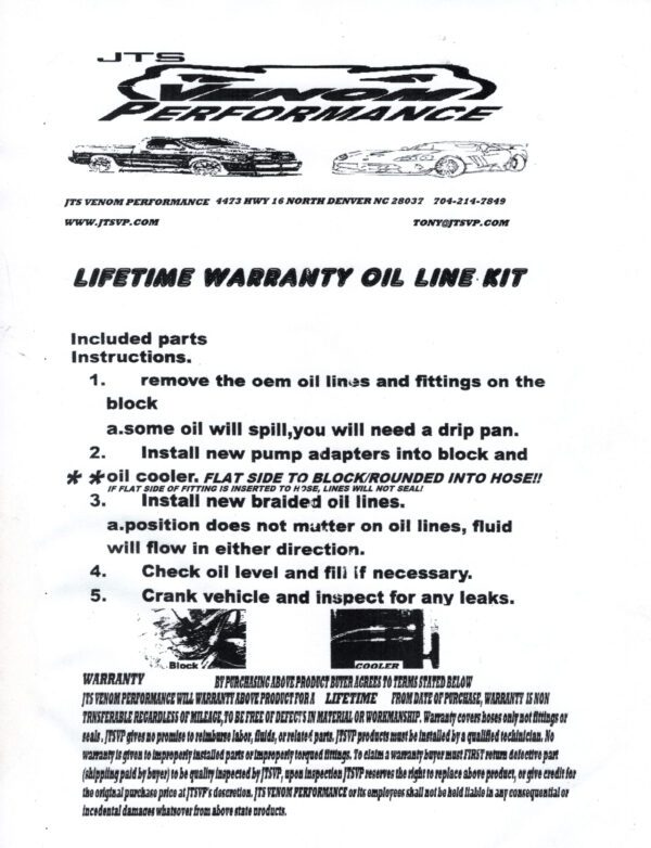 A manual for the lifetime warranty oil line kit.