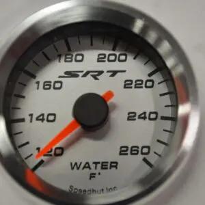 A white and silver gauge with the words " water f " on it.