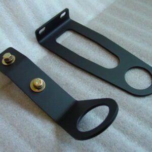 A pair of black metal brackets with one attached to the other.