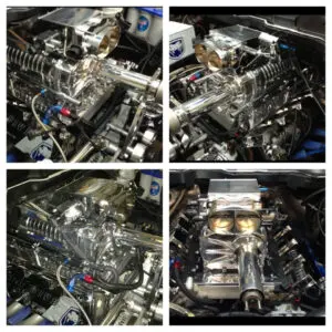 Four different pictures of a car engine.