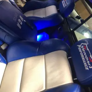 A view of the seats in a bus.