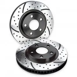 A pair of brake discs are shown with holes.