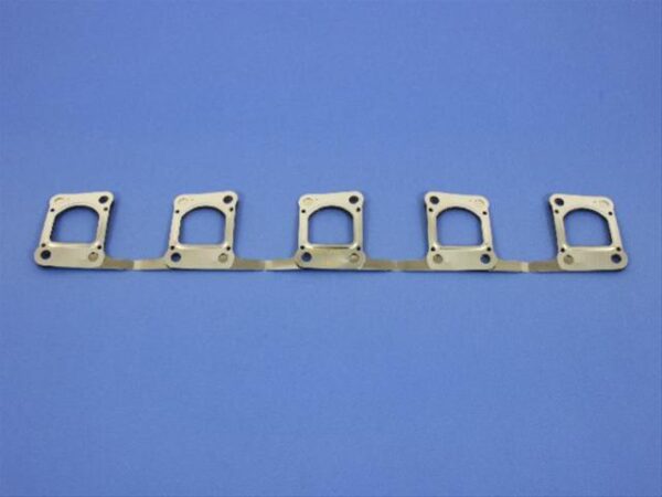 A row of exhaust manifolds on top of blue background.