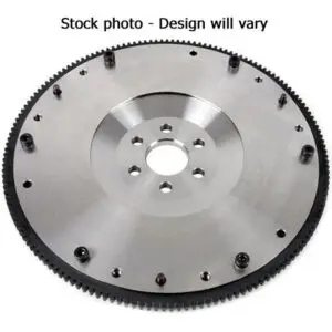 A picture of the front view of a steel flywheel.