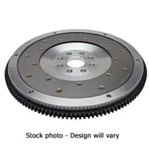 A picture of the front view of a steel flywheel.