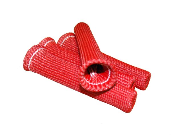 A pair of red tubes with white thread.