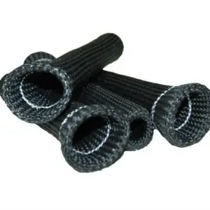 A group of four black tubes with white thread.