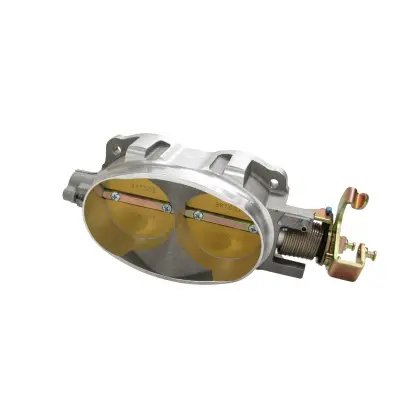 A silver and yellow throttle body with some gold trim