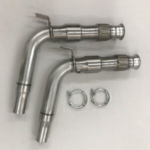 A pair of stainless steel exhaust pipes with clamps.