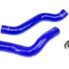 A pair of blue hoses are laying on the ground.
