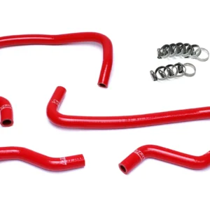 A set of red hoses and clamps for an engine.