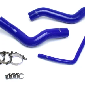 A set of blue hoses and clamps for an engine.