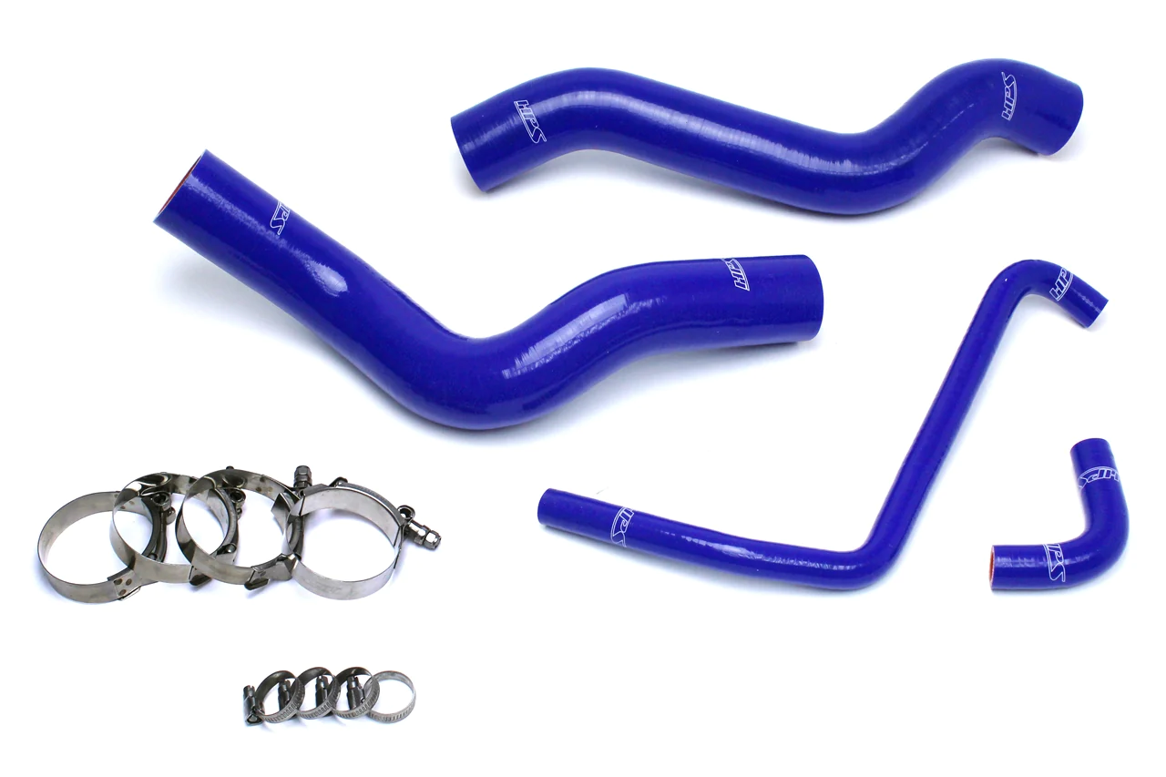 A set of blue hoses and clamps for an engine.