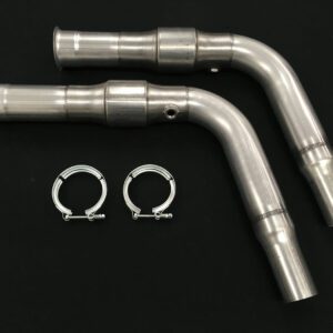 A pair of exhaust pipes with two clamps attached.