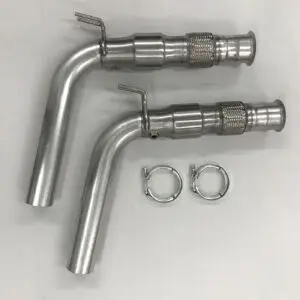 A pair of exhaust pipes with clamps attached to them.