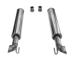 A pair of stainless steel exhaust pipes with two different types of hardware.