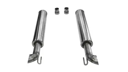A pair of stainless steel exhaust pipes with two nuts.