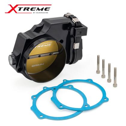 A black and blue throttle body with some bolts
