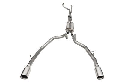 A rear view of the exhaust system for a car.